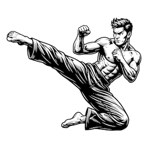 May include: A monochrome illustration of a martial artist performing a high kick. The figure is depicted with a muscular physique, wearing loose trousers, and displaying a focused expression. The artwork uses detailed linework and shading to convey motion and strength.