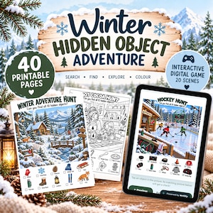 Peut inclure: Un jeu Winter Hidden Object Adventure comprenant 40 pages imprimables et un jeu numérique interactif avec 20 scènes. L'ensemble inclut une feuille d'activité Winter Adventure Hunt avec un paysage enneigé et un écran de jeu Hockey Hunt.
