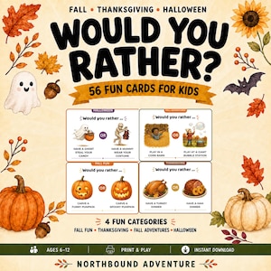 Fall Would You Rather Cards for Kids, 56 Halloween and Thanksgiving Printable Questions - Lunchbox Notes - Conversation Cards
