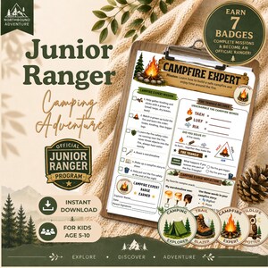 May include: A Junior Ranger Campfire Expert activity sheet on a clipboard. The document features a mission checklist, a fire triangle decoder, and campfire reflection prompts. It includes illustrations of a campfire, pine trees, and marshmallows.