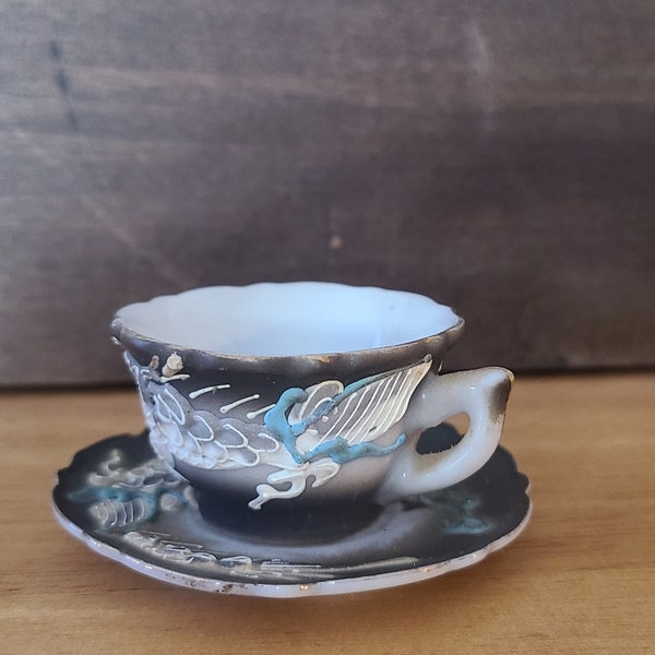 Vintage  DRAGON WARE Black Moriage Miniature Tea Cup Saucer Japan