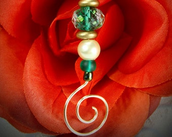 Lovely Golden Green and Pearl Spiral Pendant with Satin Cord Necklace One of a Kind Artist Made Jewelry