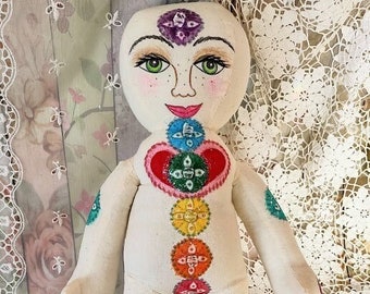 Reiki Doll, Remote Energy Healing Doll With Attached Crystal Beads, Hand Painted Chakra Healing Doll, Soft Cotton Muslin Chakra Doll Gift