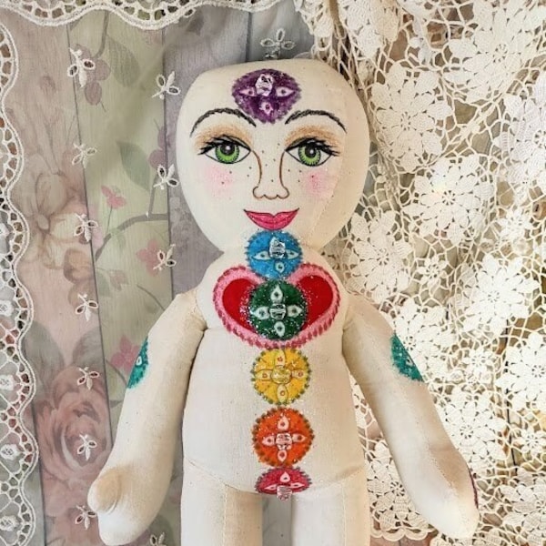 Reiki Doll, Remote Energy Healing Doll With Attached Crystal Beads, Hand Painted Chakra Healing Doll, Soft Cotton Muslin Chakra Doll Gift