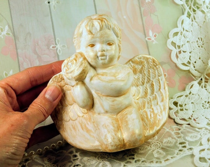 Cherub Angel Figurine with Rose in Painted Ceramic, Vintage White and Gold Cupid Angel Figurine with Rose, Sweet Baby Angel Figurine Gift