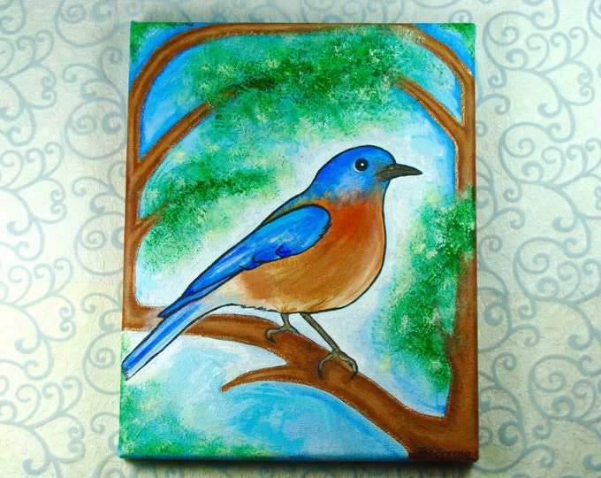 Bluebird Painting, Eastern Bluebird Painting, Bluebird Art, Bluebird Gift, One of a Kind Original Acrylic Bird Painting on Canvas 8" x 10"