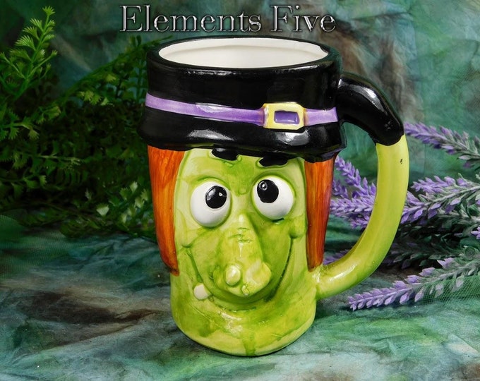 Witch Mug, Vintage Witch Face Mug, Ceramic Cartoon Green Witch Face Mug, Fun Halloween Witch Mug, Silly Green Faced Witch, Witchy Mug Gift