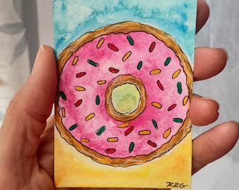 ACEO Hand-Painted Mixed Media Pink Donut Watercolor & Ink Artist's Original Painting Signed