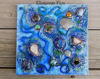 3D Sculptural Painting in Clay and Acrylic, Blue & Green Natural Abstract Painting with Shells, Crystals and Beach Glass, Blue Abstract Gift