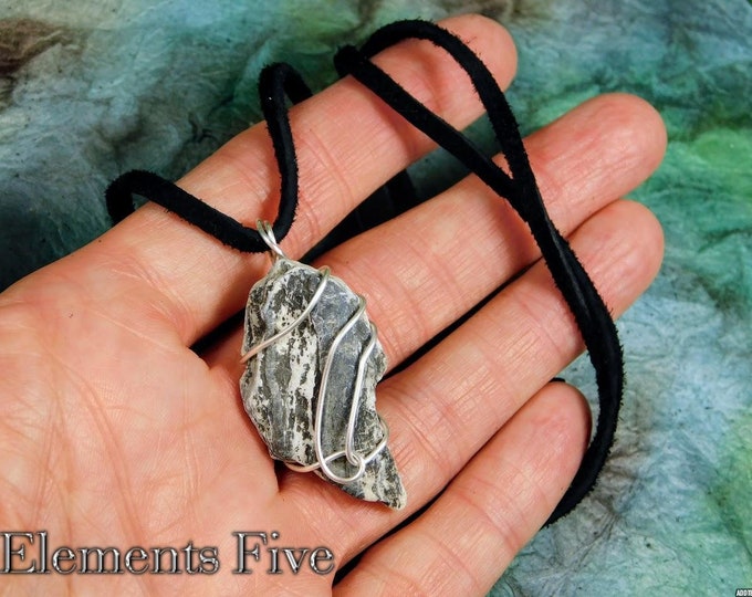 Men's Wire Wrapped Stone Necklace Energy Charged & Blessed by Reiki Master for Strength and Grounding, Gray Granite Stone Pendant Necklace