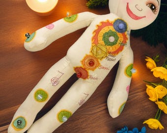 Crystal Reiki Doll, Super Deluxe Remote Energy Healing Doll With Crystal Beads, Hand Painted Chakra Healing Doll With Labeled Chakras Gift
