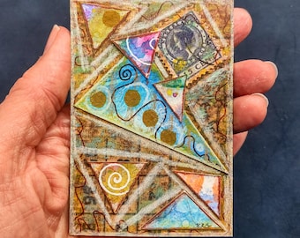 ACEO Hand-Painted Mixed Media Watercolor, Vintage Paper, Ink & Charcoal Artist's Original Collage Painting Signed