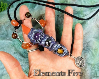 Aries Pendant Wand Necklace, Aries Silver Charm Pendant Wand, Crystal Wand with Amethyst, Red Jasper, Hematite and Tigers Eye Crystals Gift