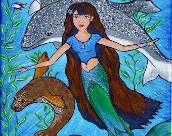 Blue Mermaid Painting, Small Mermaid Painting, Little Mermaid Painting, Mermaid Art, Mermaid Gift, Beautiful Mermaid Swimming with Seal,