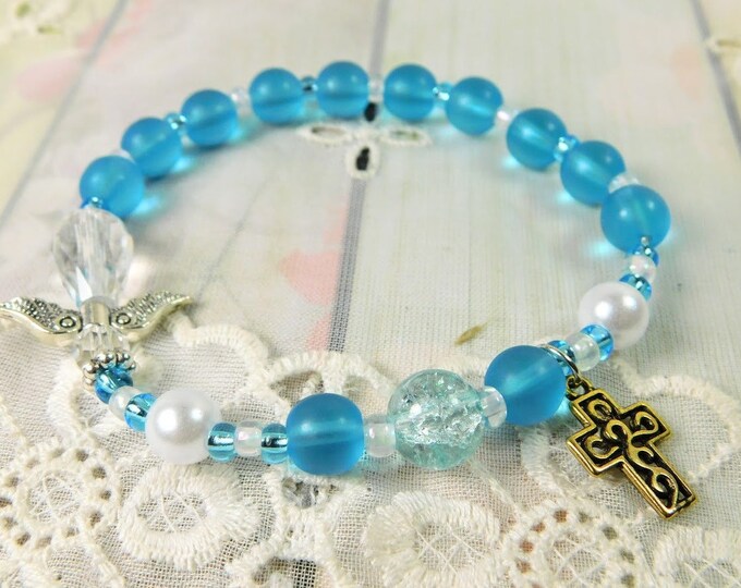 Blue Rosary Bracelet, Blue 7" Rosary Bracelet with Blue Beach Glass Beads and a Crystal Angel Aqua Blue Prayer Beads Bracelet Spiritual Gift