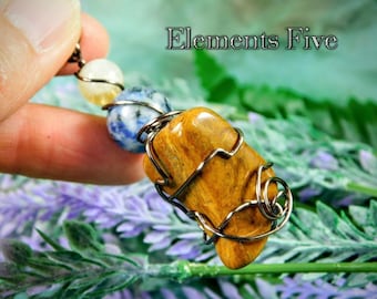 Wire Wrapped Crystal Necklace Energy Charged by Reiki Master for Strength and Grounding, With Tiger's Eye and Sodalite Crystal Necklace Gift