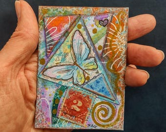 ACEO Hand-Painted Mixed Media Watercolor, Vintage Paper, Ink & Charcoal Artist's Original Collage Painting Signed