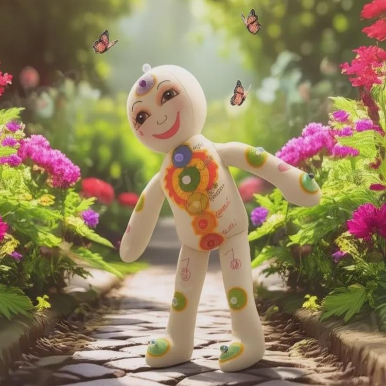 K&ouml;nnte beinhalten: Eine skurrile, cremefarbene Puppe mit einem l&auml;chelnden Gesicht, bunten kreisf&ouml;rmigen Designs am Torso und gr&uuml;nen und blauen Akzenten. Die Puppe steht auf einem Steinweg, umgeben von leuchtenden Blumen und Schmetterlingen.