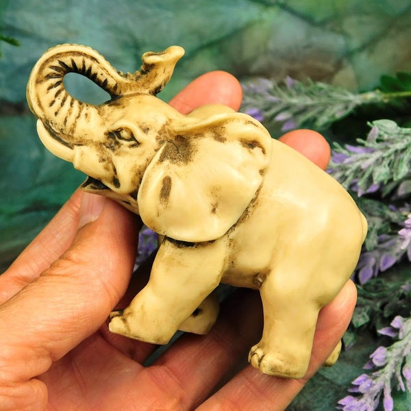 Little Elephant Figurine in Sculpted Resin, Vintage Elephant Figurine Sculpture, Good Luck Elephant, Solid Resin Cute Elephant Gift