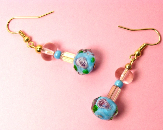 Blue Earrings, Blue Dangle Earrings, Blue Glass Earrings, Sky Blue & Light Pink Sparkling Handmade Earrings, Pretty Earrings Affordable Gift