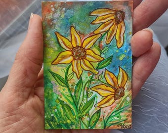 ACEO Hand-Painted Mixed Media Wild Flowers Watercolor & Ink Artist's Original Painting Signed