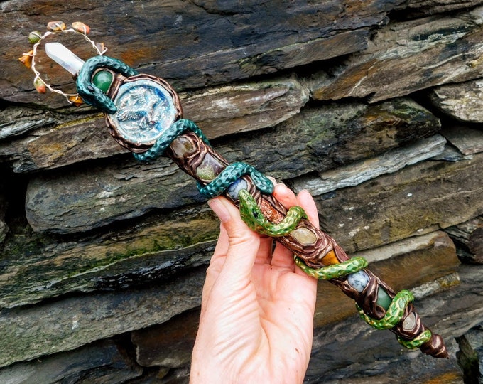 Snake Wand with Eagle Totem, Double Snakes Totem Wand, Crystal Wand with Eagle and Snakes Totems, Crystal Healing Wand, Witches Wand Gift