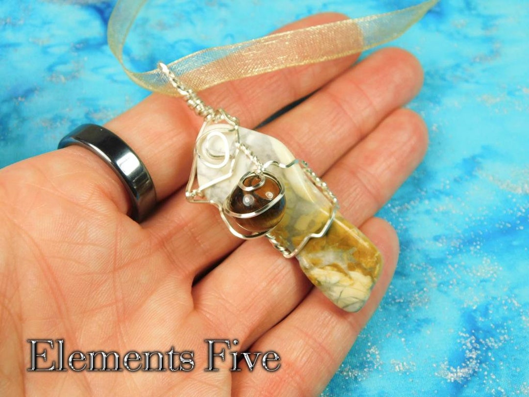 Yellow & White Desert Jasper Crystal Necklace, Silver Wire Wrapped