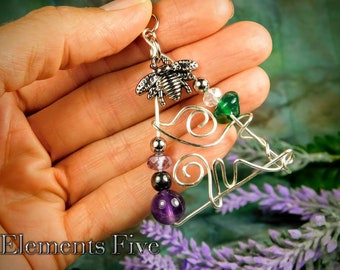 Silver Aluminum Wire Wrapped Triangle Bee Necklace With Amethyst and Aventurine, Beautiful & Unique Handmade Artistic Necklace One of a Kind