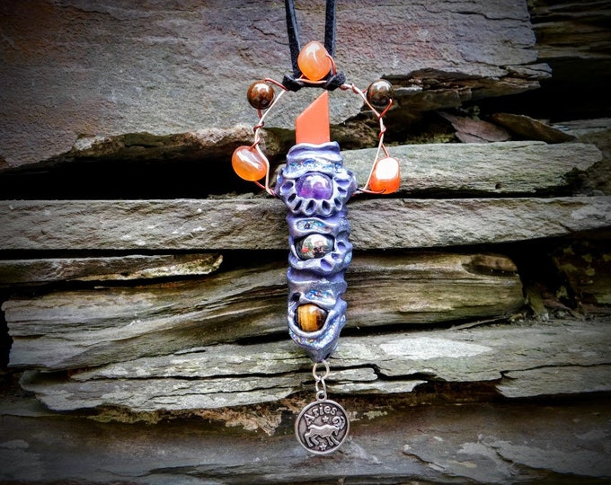Aries Pendant Wand Necklace, Aries Silver Charm Pendant Wand, Crystal Wand with Amethyst, Red Jasper, Hematite and Tigers Eye Crystals Gift