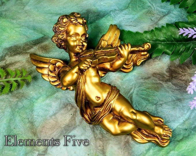 Little Golden Angel Figurine Sculptural Wall Hanging in Painted Resin, Vintage Renaissance Style Angel, Little Bronze Cherub Angel Art Gift