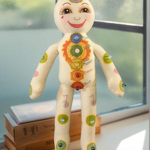K&ouml;nnte beinhalten: Eine cremefarbene Stoffpuppe mit einem l&auml;chelnden Gesicht und bemalten Merkmalen. Die Puppe hat eine Reihe farbenfroher Chakra-Symbole entlang der K&ouml;rpermitte. Die Puppe hat einen lila Edelstein auf dem Kopf und ist mit verschiedenfarbigen Edelsteinen verziert.