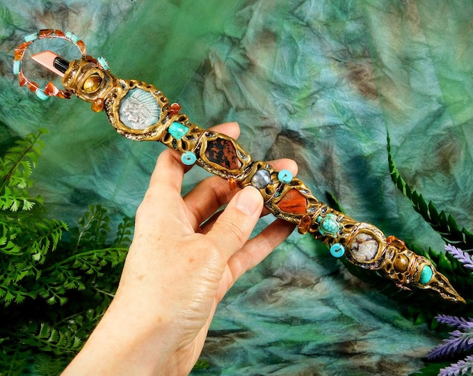 Crystal Wand with Native American Chief Totem, Chief Totem Wand With Tiger's Eye & Mahogany Obsidian, Crystal Healing Wand, Magic Gift