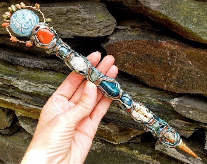 Crystal Wand with Horse Totem, Horse Totem Wand with Quartz, Red Jasper, Hematite & Unakite Crystals Wand, Crystal Healing Wand, Witch Wand
