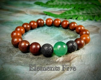 Men's Wooden Bead Bracelet With Green Aventurine Crystal and Black Lava Stone, Natural Wood and Crystal Stretch Bracelet for Prosperity