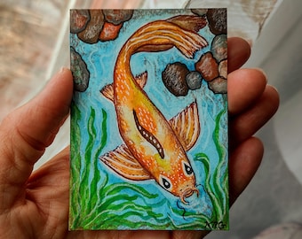 ACEO Hand-Painted Koi Gold Fish Mixed Media Watercolor, Ink & Charcoal Pencil Artist's Original Painting Signed