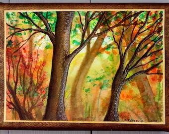 Vermont Morning Light - Original Watercolor Painting 5x7 Fall Tree Landscape Art on Canvas