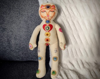 Deluxe Reiki Cat Doll, Remote Energy Healing Cat Doll With Attached Crystal Beads, Hand Painted Chakra Healing Cat Doll, Soft Cotton Cat
