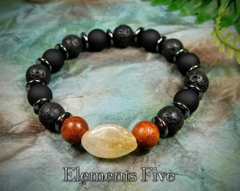 Men's Crystal Bracelet With Citrine and Hematite, Black Lava Stone Bracelet with Natural Wood, Crystal Bracelet for Emotional Stability Gift