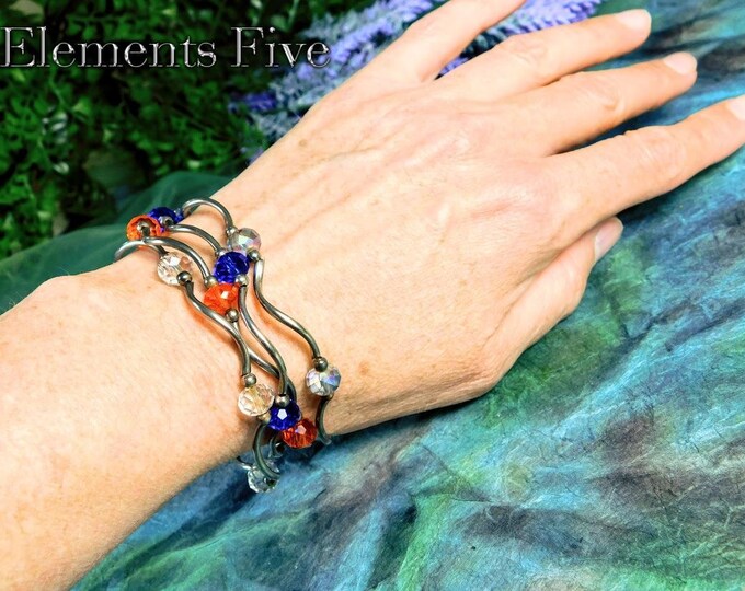 Metal Stretch Bracelets Set of Four, Vintage Metal and Glass Crystal Beads Bracelets Set of 4, Golden Layering Bracelets Orange Blue & Clear