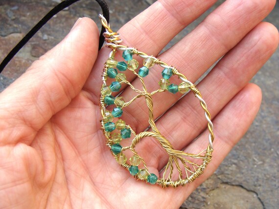 Tree of Life Necklace, Tree Necklace, Green Crystal Tree Wire