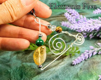 Silver Aluminum Wire Wrapped Triangle Necklace With Citrine, Malachite & Tigers Eye Crystals, Handmade Artistic Necklace One of a Kind Gift