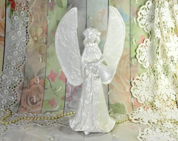 Angel Candlestick Holder, Ceramic Angel Holding French Horn Candlestick Holder, Large Guardian Angel Figurine Candle Holder Gift of Love