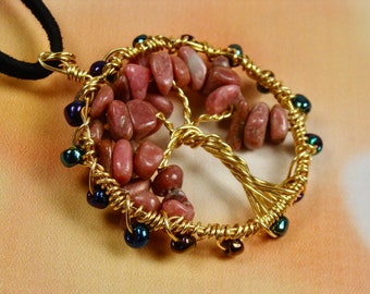 Rhodochrosite Crystal Tree of Life Necklace, Golden Tree of Life Necklace with Rhodochrosite Crystals, Rhodochrosite Stone Pendant Tree Gift
