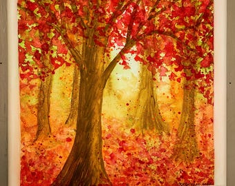 Autumn Trees Watercolor Painting on Canvas 8"x8" Original Red Maple Tree Landscape Painting