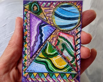 ACEO Hand-Painted Mixed Media Watercolor, Ink & Pastel Artist's Original Collage Painting Signed