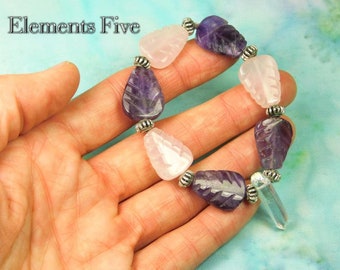 Rose Quartz and Amethyst Crystal Healing Leaf Bracelet With Clear Quartz for Manifesting Love & Peace, Crystal Beads Stretch Bracelet Gift