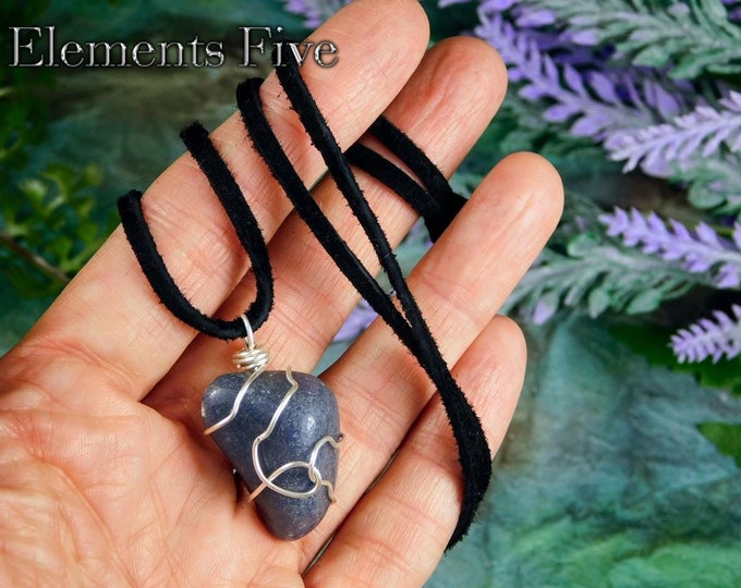 Men's Wire Wrapped Crystal Necklace Energy Charged & Blessed by Reiki Master for Clarity and Grounding, Blue Quartz Crystal Pendant Necklace