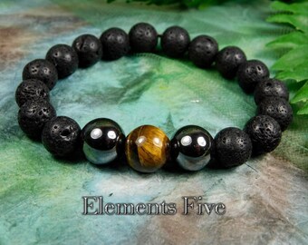 Men's Crystal Bracelet With Hematite and Tiger's Eye, Black Lava Stone Bracelet for Men, Dramatic Crystal Bracelet for Protection & Strength
