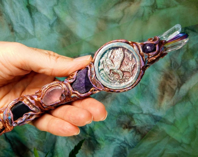 Crystal Wand with Eagle Totem, Eagle Totem Wand with Purplite, Rose Quartz & Black Tourmaline Crystals Wand, Crystal Healing Wand Witch Gift