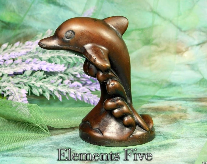 Dolphin Figurine, Dolphin Totum Figurine in Sculpted Resin. Small Brown Dolphin Statue, Vintage Dolphin in the Waves Figurine Dolphin Gift